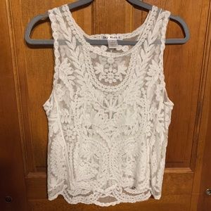 Lace Top See Through Tank shirt white cream sheer floral print lettuce cut trim